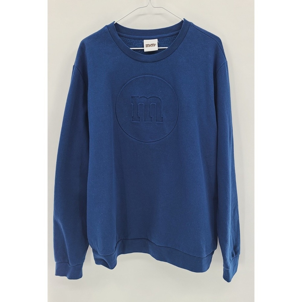 M&Ms Brand Candy Mens Sweatshirt XL Crewneck Blue Embossed Logo Fleece Lined‎